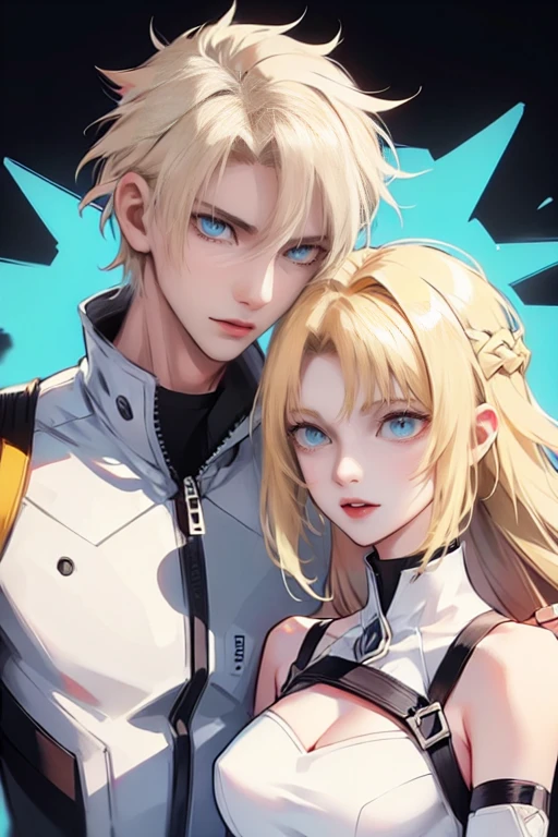 1 man and 1 women (tall man, slim, manly, dominate,  man has white messy hair, man has yellow eyes, tough, wearing a sci-fi outfit.) (a thin woman, long blonde hair, green eyes, wearing scifi outfit) best quality, adorable, ultra-detailed, illustration, complex, detailed, extremely detailed, detailed face, soft light, soft focus, perfect face. illustration. two people, couple: loving 