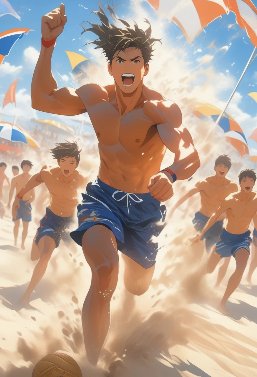 ((Masterpiece)), ((Best Quality)), (Very Detailed), ((Very Detailed)), 4K, (8K), very aesthetic, absurdres highres, Draw a beach volleyball match. The players are wearing beach volleyball uniforms and are sweating as they hit the ball furiously on the sand. Blue skies and the sun are shining, with palm trees, beach umbrellas and spectators in the background. The spectators are cheering and cheering, and the players' concentrated expressions and energetic movements emphasize the competitive spirit and fun. Footprints and shells are scattered on the sandy beach.
