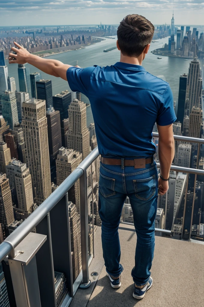 create a photo from behind of a boy teenager standing at the very edge of the highest skyscraper, he is throwing arms back, he is wearing blue colour a loose shirt and jeans, background is the new york city with a beautiful sight, the view should take from very above, helicopter shot, landscape. 8k,wallpaper of extremely detailed CG unit, ​masterpiece,hight resolution,top-quality,top-quality real texture skin,hyper realisitic,increase the resolution,RAW photos,best qualtiy,highly detailed,cinematic,golden ratio