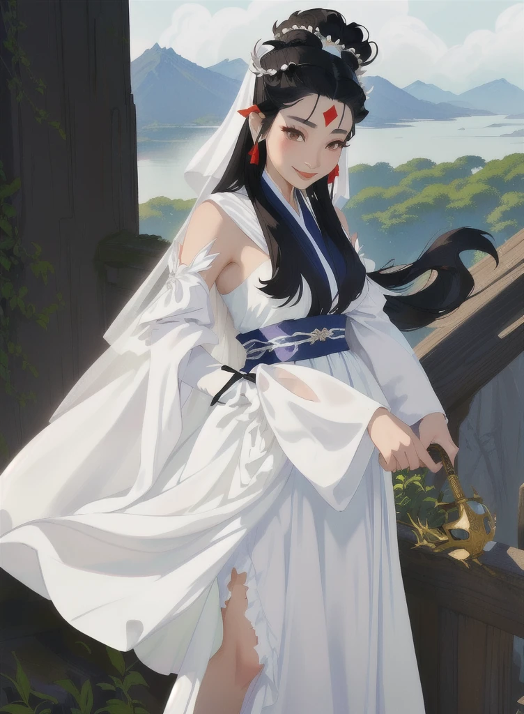 araffe in a white dress,Wearing a black headband, Hino Rei who plays the princess, Maggie Cheung, heise-lian yan fang, In costume, Smile like a fairy, Wearing a tattered white cloak,Journey to the West Little Dragon Girl,wukong,
