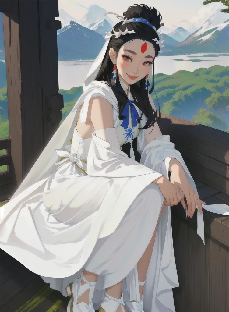 araffe in a white dress,Wearing a black headband, Hino Rei who plays the princess, Maggie Cheung, heise-lian yan fang, In costume, Smile like a fairy, Wearing a tattered white cloak,Journey to the West Little Dragon Girl,wukong,