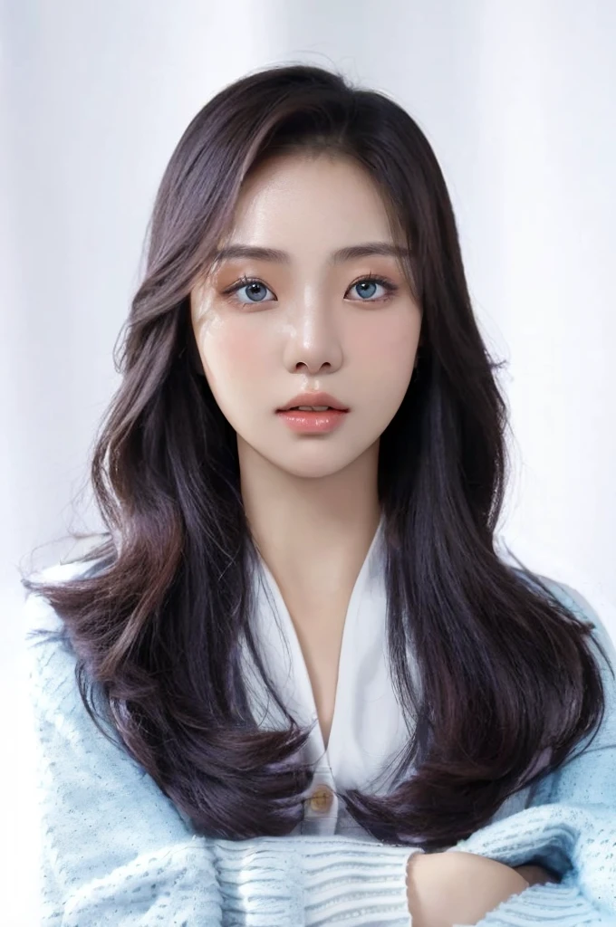 Best Quality, 8k, Masterpiece, (Portrait: 1.3), (photo realistic:1.3), (hyper realistic:1.7), Sharp Focus, looking at viewer, (smoother lighting:1.0), (increase cinematic lighting quality:0.9), realistic lighting, backlighting, light on face, ray trace, (brightening light:1.4), (Increase quality:1.4), sharp detail, (best quality real texture skin:1.6), finely detailed eyes, black_eyes, finely detailed face, 27 year old Korean woman, (white blue cardigan:1.4), (Create an image maintaining the original base model hairstyle:1.5), not AI, like reality human