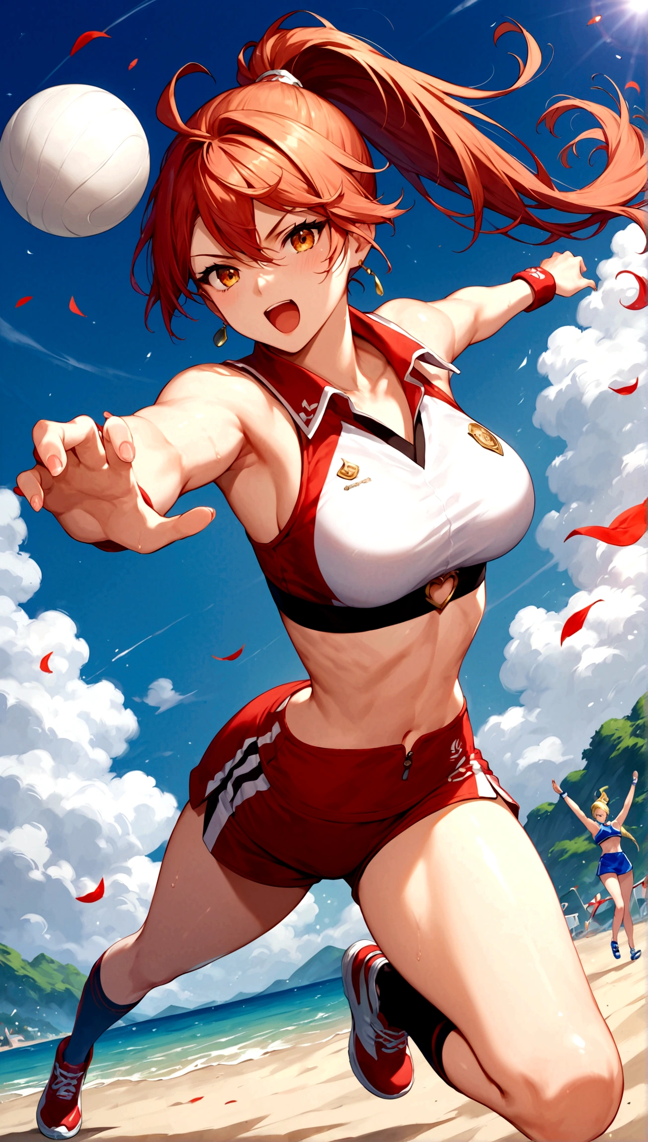 score_9, score_8_up, score_7_up, score_6_up, masterpiece, top quality, best quality, official art, beautiful and aesthetic, anime_source, centered, cinematic shot, 1girl, volley athlete, red ponytail, volley ball uniform sport outfit, serve a volley ball, action pose, beach background, epic composition, epic proportion, 8K