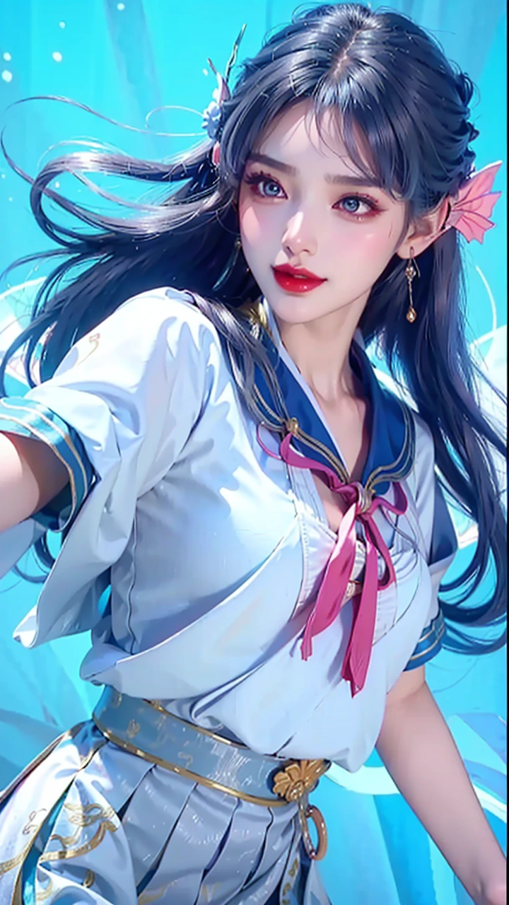 Close-up of a woman in costume on stage, Whole body xylose, Beautiful celestial mage, a stunning young ethereal figure, beautiful fantasy empress, astral witch clothes, shaxi, flowing magical robe, Hanfu Blanco, xianxia fantasy, belle delphine, Ethereal fantasy, elegant glamourous cosplay, heise jinyao,((Top-down view)),((Lie flat)),Lie flat on the ground,Lips wear thick red lipstick