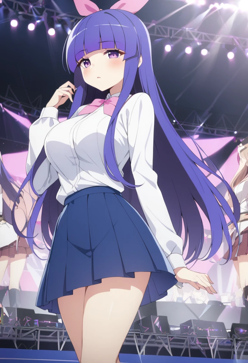 furuderika, Long Hair, Purple eyes, Blue Hair, Blunt bangs, , Pink ribbon, skirt, , Large Breasts, , Pink ribbon, skirt,　Live Stage