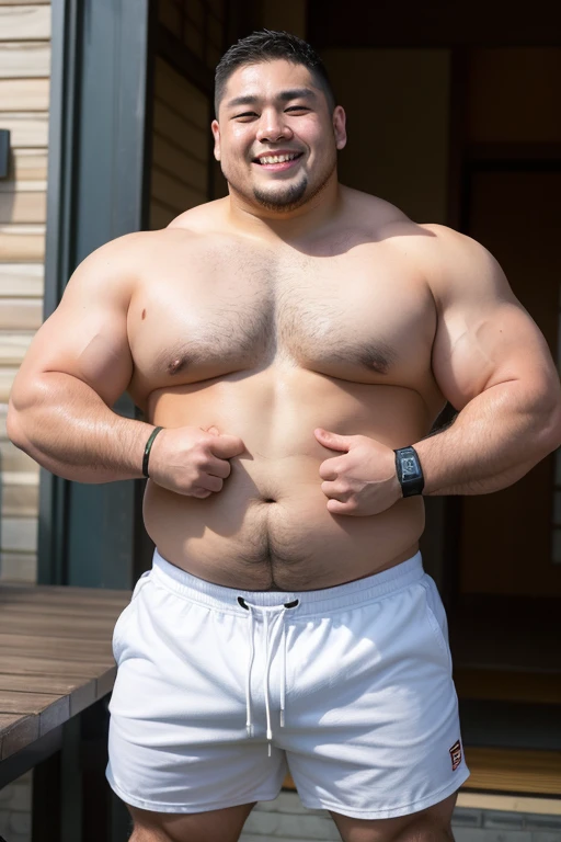 ((highest quality)), ((masterpiece)), (detailed), ((Perfect Face)), 4k, Shaved head, Young Japanese, Muscular, Fat body, Very big man, smile, ((showing off crotch)) A large Japanese man topless、whole body、Rugby last week、Thick legs、Thick arm muscles、Intimidating、whole body、wearing a tight black shorts