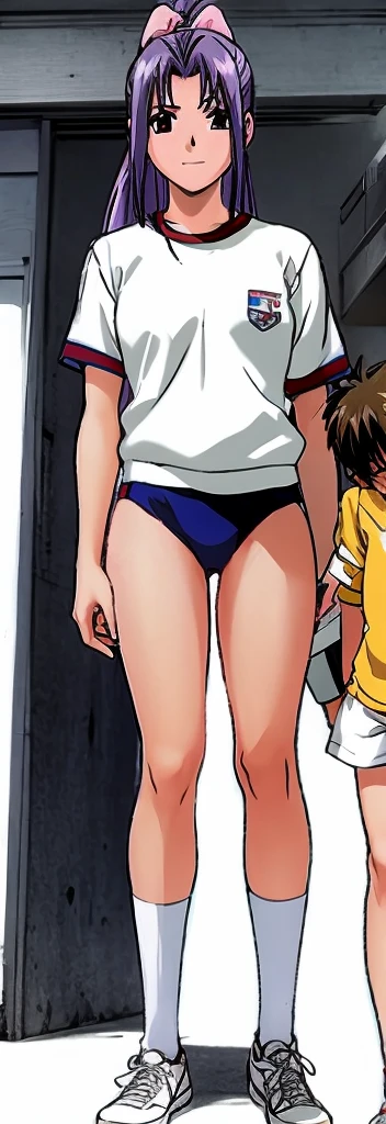 Momoko Koigakubo, a tall girl with beautiful legs, is standing with a smile on her face in a white gym uniform and light navy blue bloomers that look like panties.。Next to Momoko Koigakubo is a young boy in a tracksuit, smiling and holding her thigh.。
