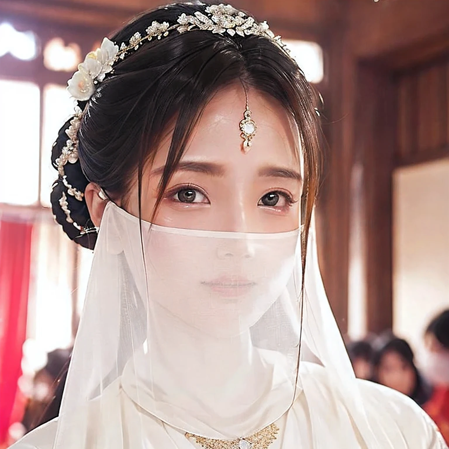 Head close-up（（（Eyes are very fragile）））（（（Hair accessories）））（（（veil））），necklace，Wearing a white transparent sexy silk dress， ((Radiant skin))The room is filled with Lunar New Year decorations（（（masterpiece）））， （（best quality））， （（Intricate details））， （（Surreal））（8K）