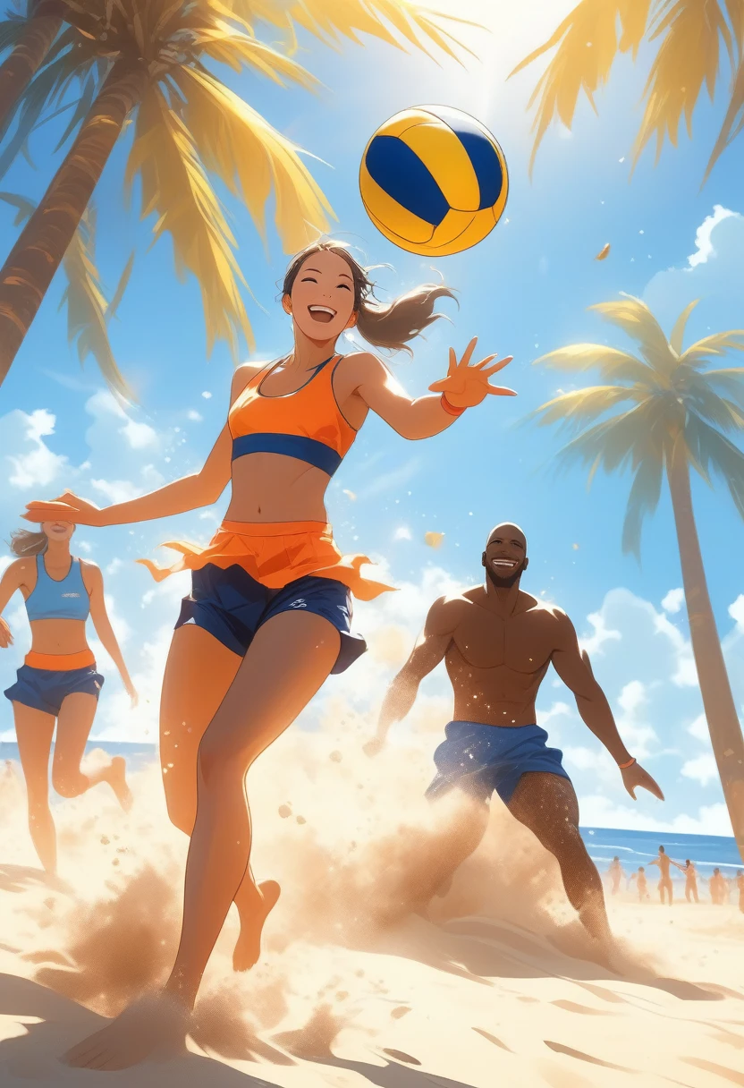 ((Masterpiece)), ((Best Quality)), (Very Detailed), ((Very Detailed)), 4K, (8K), very aesthetic, absurdres highres, Please draw male and female players enjoying beach volleyball on a sunny beach. They are wearing beach volleyball uniforms, sweating and energetically jumping and hitting their spikes. The blue sky and sun are in the background, with palm trees, beach umbrellas, and spectators visible. Footprints are left on the beach, and the sand is scattered. The smiles and sweat from the players create a lively scene.
