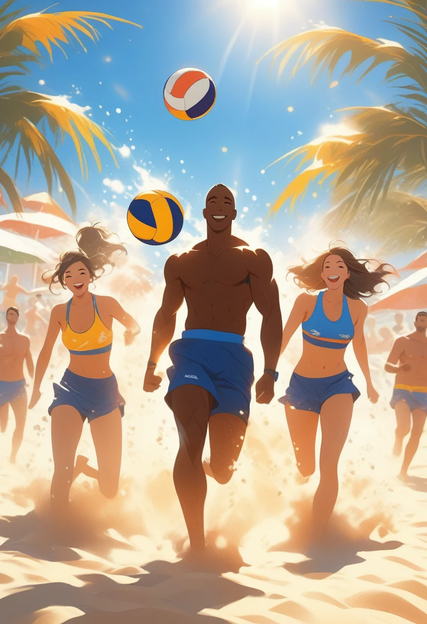 ((Masterpiece)), ((Best Quality)), (Very Detailed), ((Very Detailed)), 4K, (8K), very aesthetic, absurdres highres, Please draw male and female players enjoying beach volleyball on a sunny beach. They are wearing beach volleyball uniforms, sweating and energetically jumping and hitting their spikes. The blue sky and sun are in the background, with palm trees, beach umbrellas, and spectators visible. Footprints are left on the beach, and the sand is scattered. The smiles and sweat from the players create a lively scene.