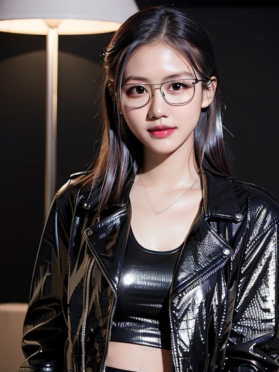 (masterpiece:1.2), 8K,(Surreal:1.37), 17-year-old Thai actress, (Casual sexy pose:1.3), (Smile:1.2), Black Hair, Surface lamp, Delicate face, (wear glasses:1.4), (Wearing a shiny black faux leather jacket:1.5), Sexy clothing,