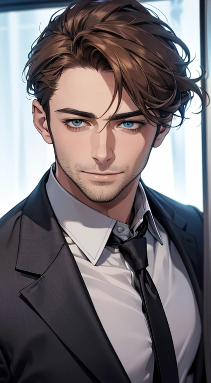 (best quality,4k,8k,highres,masterpiece:1.2),ultra-detailed,(realistic,photorealistic,photo-realistic:1.37),1 man,31 years old,mature man,very handsome,without expression,smile,short grey brown hair,blue eyes,penetrating gaze,perfect face without errors,imposing posture,businessman,office background,cinematic lighting,hdr image
