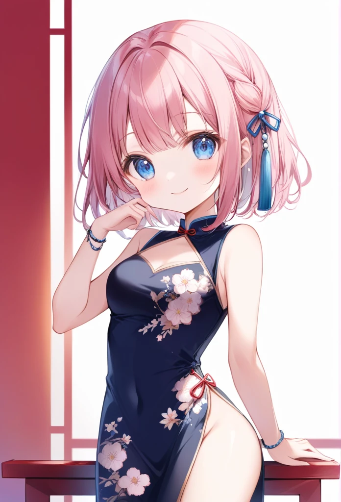 1girl, chibi、((Hair color light pink))、Length Bob、Beautiful blue eyes、Choker Accessories、smile、Cute pose、China dress