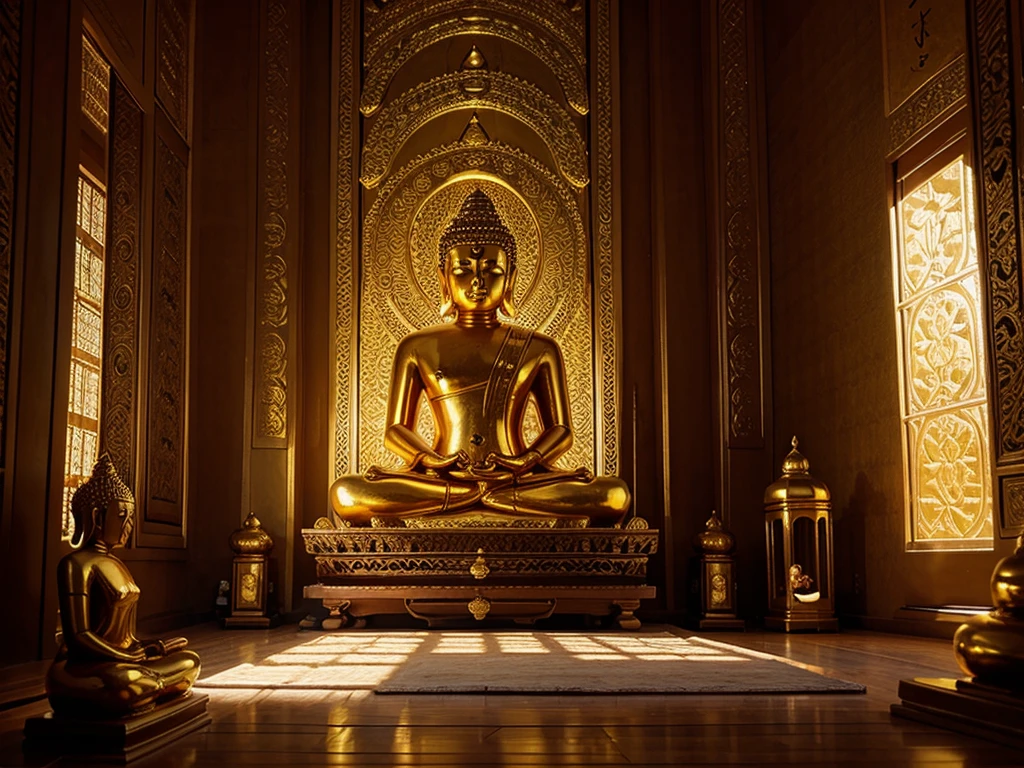 Buddha statue, golden temple, sunlight, lotus, Dhamma practitioner