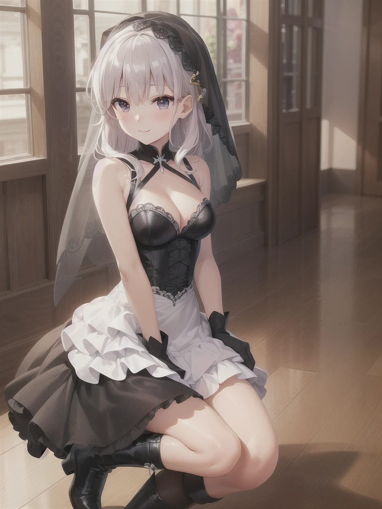 A girl,Long hair, Bangs, White hair, Hair between the eyes, s eyes:(1.5), (Medium breasts:1.2),
rest 锁骨, Wedding dress,veil,wedding,Black dress,Flowers,The skirt is broken,Black socks,Black knee socks,Black gloves,boots,Cleavage,
Looking at the audience, whole body,
indoors, church,permanent,permanent,Smile,With one eye closed,
rest (masterpiece:1.2), best quality, high resolution, 8k wallpaper, (illustration:0.8), (美丽细致s eyes:1.6), Extremely detailed face, Perfect lighting, Extremely detailed CG, (Perfect hands, Perfect anatomical structure),