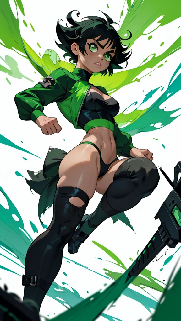 Buttercup from Powerpuff Girls as a Violent Mature Themed Action Anime, bloody battle damage and wear, revealing Damaged and Ripped clothes, curvy, green and black outfit, thong