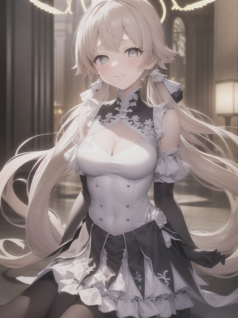 A girl，Long hair, Bangs, White hair, Hair between the eyes, s eyes:（1.5),  (Medium breasts:1.2), 
rest  锁骨, Wedding dress，veil，wedding，Black dress，Flowers，The skirt is broken，Black socks，Black knee socks，Black gloves，boots，Cleavage，
Looking at the audience, whole body,
indoors, church，permanent，permanent，Smile，With one eye closed，
rest (masterpiece:1.2), best quality, high resolution,  8k wallpaper, (illustration:0.8), (美丽细致s eyes:1.6), Extremely detailed face, Perfect lighting, Extremely detailed CG, (Perfect hands, Perfect anatomical structure),