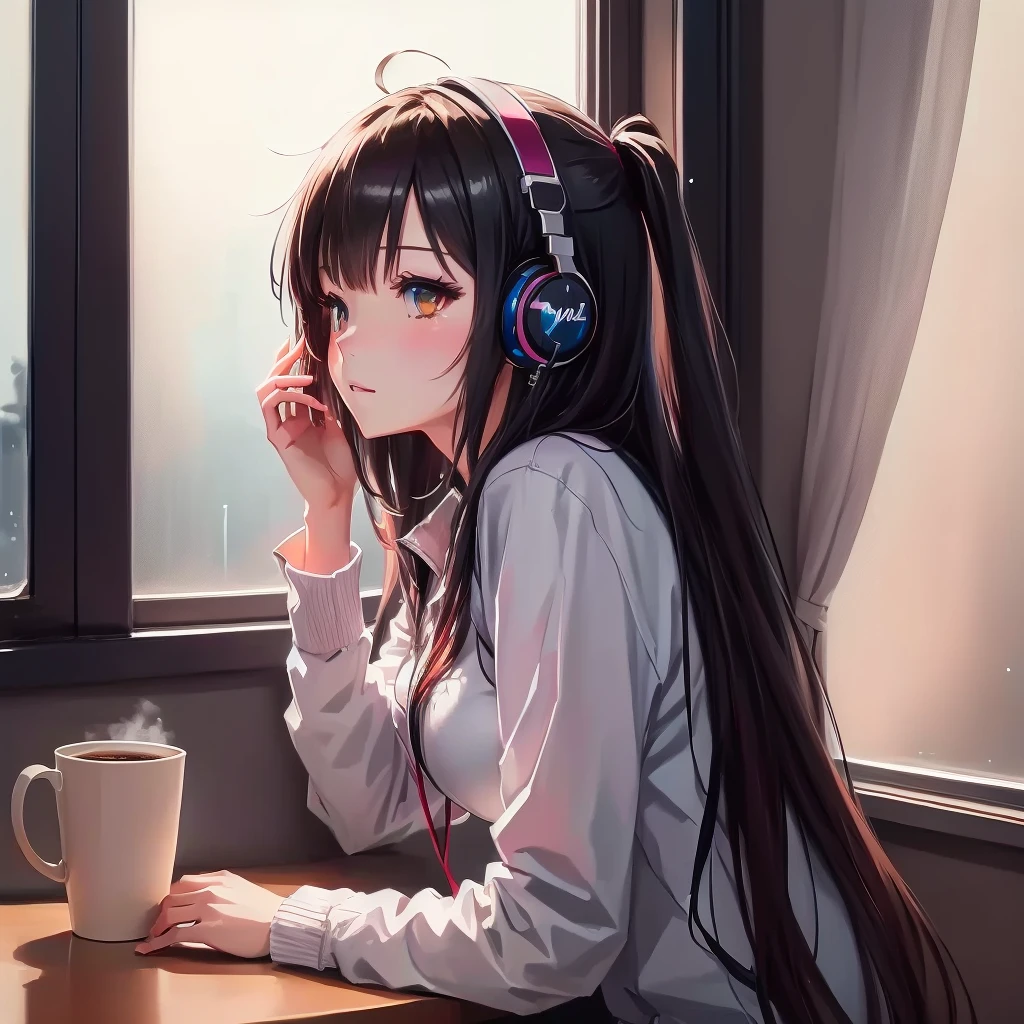 Anime girl with headphones and coffee looking out the window, 4k anime wallpaper, Anime Style 4 k, アニメアート壁紙 8K, anime wallpaper 4k, anime art wallpaper 4k, anime wallpaper 4k, anime art wallpaper 4k, 4K Manga Wallpapers, Gweiz-style artwork, Nightcore, Anime Style. 8K