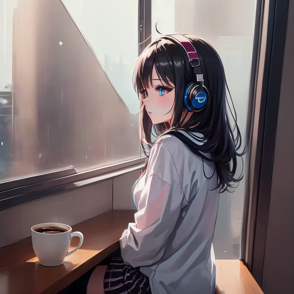 Anime girl with headphones and coffee looking out the window, 4k anime wallpaper, Anime Style 4 k, アニメアート壁紙 8K, anime wallpaper 4k, anime art wallpaper 4k, anime wallpaper 4k, anime art wallpaper 4k, 4K Manga Wallpapers, Gweiz-style artwork, Nightcore, Anime Style. 8K
