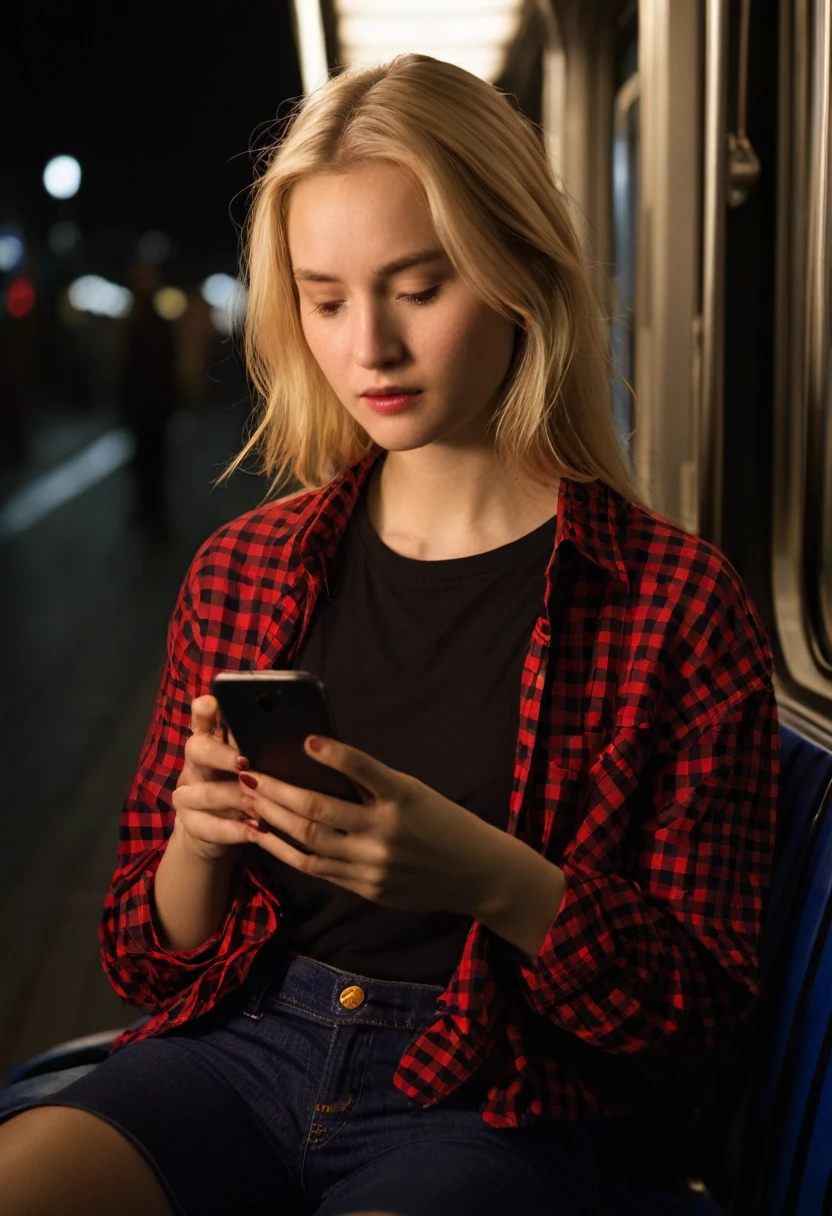 a young woman engaged with her smartphone, with her attention fully absorbed by the screen as it illuminates her face in a warm glow. She wears a red and black checkered shirt over a red top, suggesting a casual and perhaps contemporary style. Her blonde hair falls loosely around her shoulders, and her face shows a focused or contemplative expression, typical of someone engrossed in reading or interacting with digital content. The environment suggests evening or nighttime given the ambient darkness around her, and the lighting emphasizes the phone on her hands as the main source of light, casting soft shadows and giving the scene an intimate feeling. There is a subtle contrast between the technology in her hands and the potential for a less digitally connected setting implied by the darkness surrounding her. The woman's ethnicity appears to be Caucasian, and while the background is not the focus, it is sufficiently lit to suggest she may be seated in a public transport or an indoor setting with bench-like seating.


