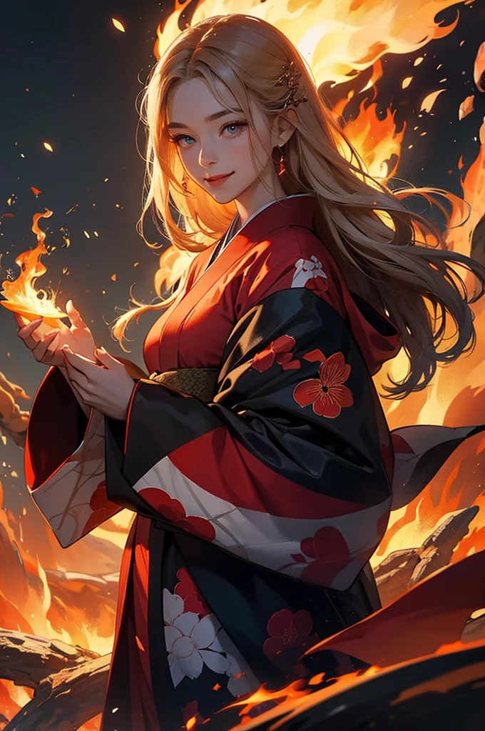 A beautiful woman in a kimono smiles as she makes a contract with a fire demon against the backdrop of a fire magic circle