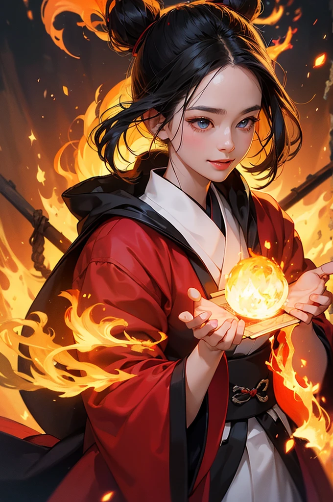 A beautiful woman in a kimono smiles as she makes a contract with a fire demon against the backdrop of a fire magic circle