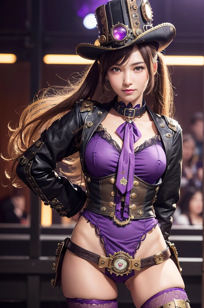 (masterpiece, highest quality, highest quality, Beautiful and aesthetic:1.2), (1 Girl)Beautiful body, Detailed face,((Sharp focus on the crotch)),solo,on_stage,(Zatanna high kicking),open_thighs,Zatanna seen from below the stage,Beautiful japanese woman,short black hair, bright cyan colored eyes, shapely body, top hat, black tuxedo jacket, white top underneath, red bow-tie, black fishnet tights, black knee-high high-heeled boots,erect_nipple,