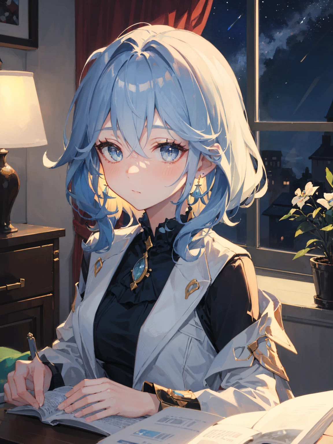 best quality, (masterpiece:1.2), illustration, absurdres, (1girl, solo), (beautiful detailed girl), ((upper body, portrait)),, Kaela MacMillan, short hair, orange hair, blue eyes, medium breasts, blue crystal earrings, white jacket, , cool, calm, looking at viewer,, inside elegant bedroom, night, window, curtain, starry sky, lamp, bookcase, nightstand, vase, desk,
