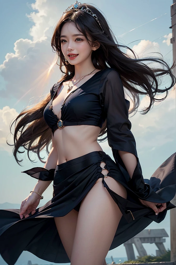 Young goddess, ((Her clothes are all flipping up in a extremely strong wind):1.6), (wearing robe, tiara, necklace), (in the nordic nature), revealing panty, (laughing), (cinematic lighting, surrealism, god rays), (masterpiece, 8K highest resolution), wide view,