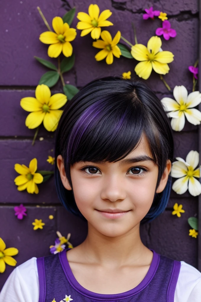 14 year old girl short black hair with purple highlights, yellowish skin color and bluish black eye color, star hair clips, background with flowers and his expression is slightly happy