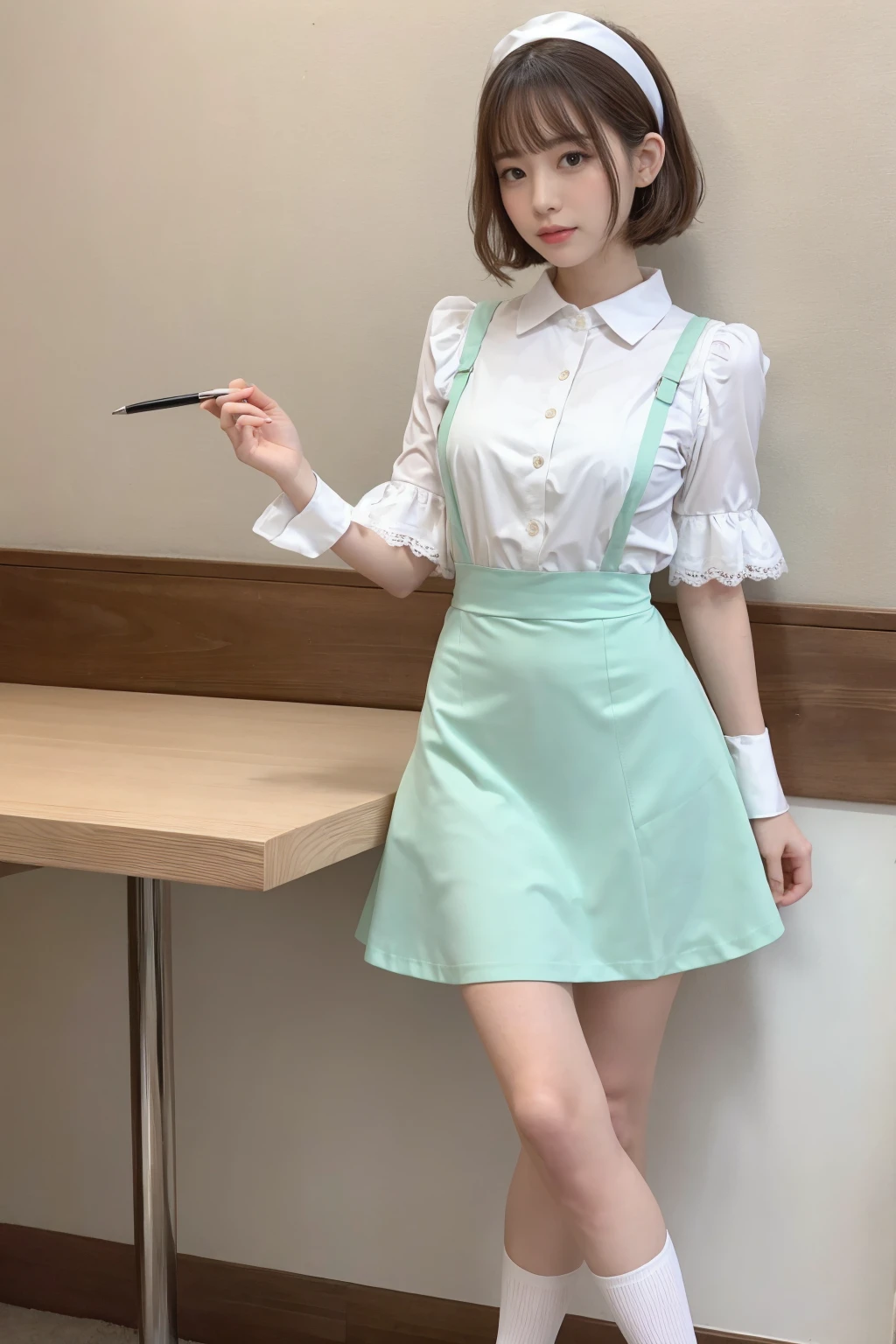 (One woman), short bob, 28 years old, Japanese, brown eyes, brown hair, slim figure, flat chest, flushed, flushed cheeks, flushed face
BREAK
///Fashions 
Retro Diner Waitress Outfit
This outfit is inspired by classic American diners from the 1950s, The waitress dress is a bright pastel color, such as mint green or baby pink, with white piping and accents, The dress is knee-length with a full, flared skirt, creating a fun and playful silhouette, The bodice features a fitted waist, a rounded collar, and short puff sleeves, 
BREAK
A white apron with frilly edges ties around the waist, adorned with a small pocket for holding a notepad and pen, The look is completed with white, lace-trimmed ankle socks and comfortable, low-heeled, Mary Jane shoes, accessorized with a matching headband or hair scarf,
BREAK