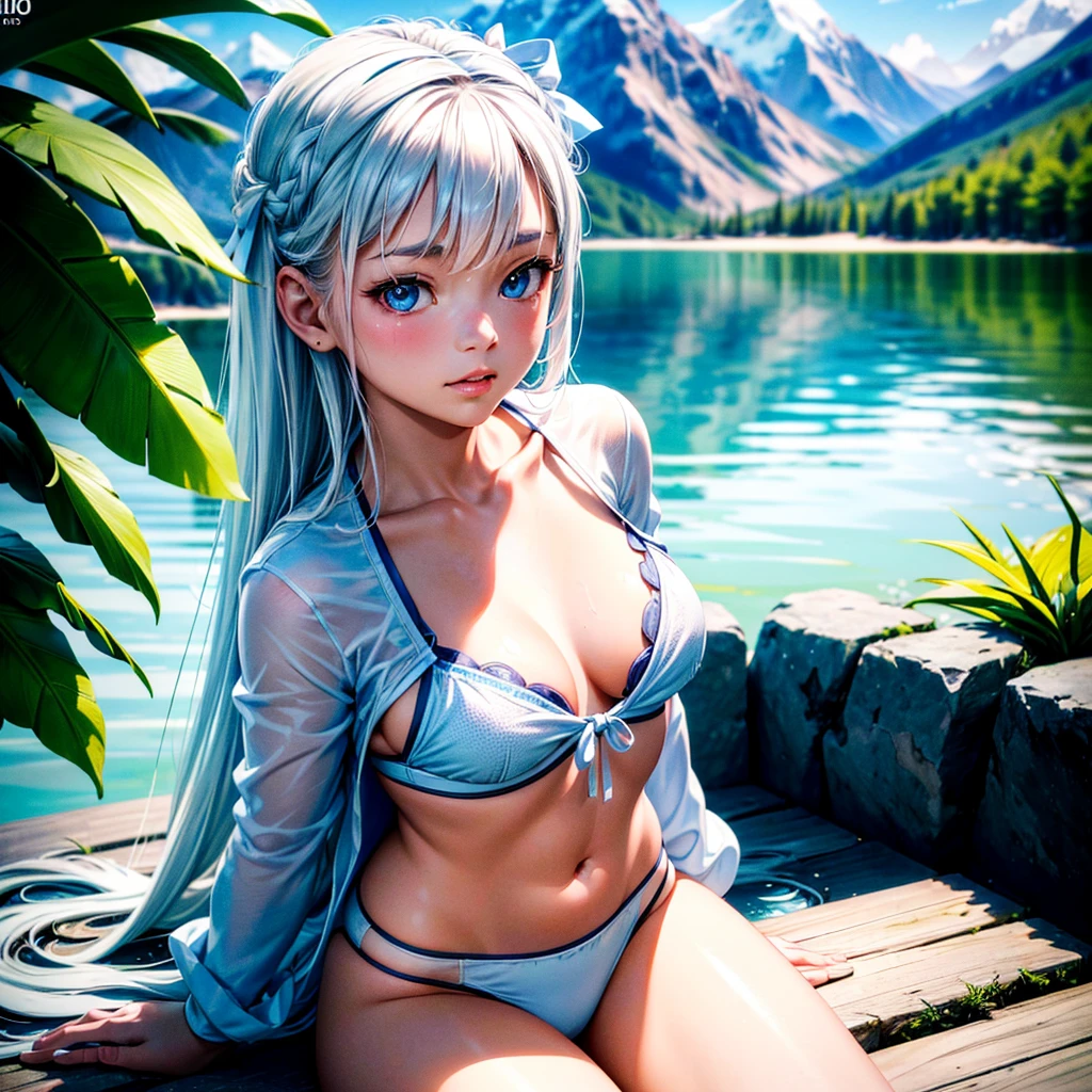 Tokidoki Bosotto a young girl sitting by a serene light blue lake, surrounded by lush vegetation and a snowy mountain in the distance, wearing a white bikini with a small red ribbon tied on the left side of her white hair, pale skin, white eyebrows and eyelashes, blue eyes, a cute and gentle facial expression, (best quality,4k,8k,highres,masterpiece:1.2),ultra-detailed,(realistic,photorealistic,photo-realistic:1.37),HDR,UHD,studio lighting,ultra-fine painting,sharp focus,physically-based rendering,extreme detail description,professional,vivid colors,bokeh,portrait