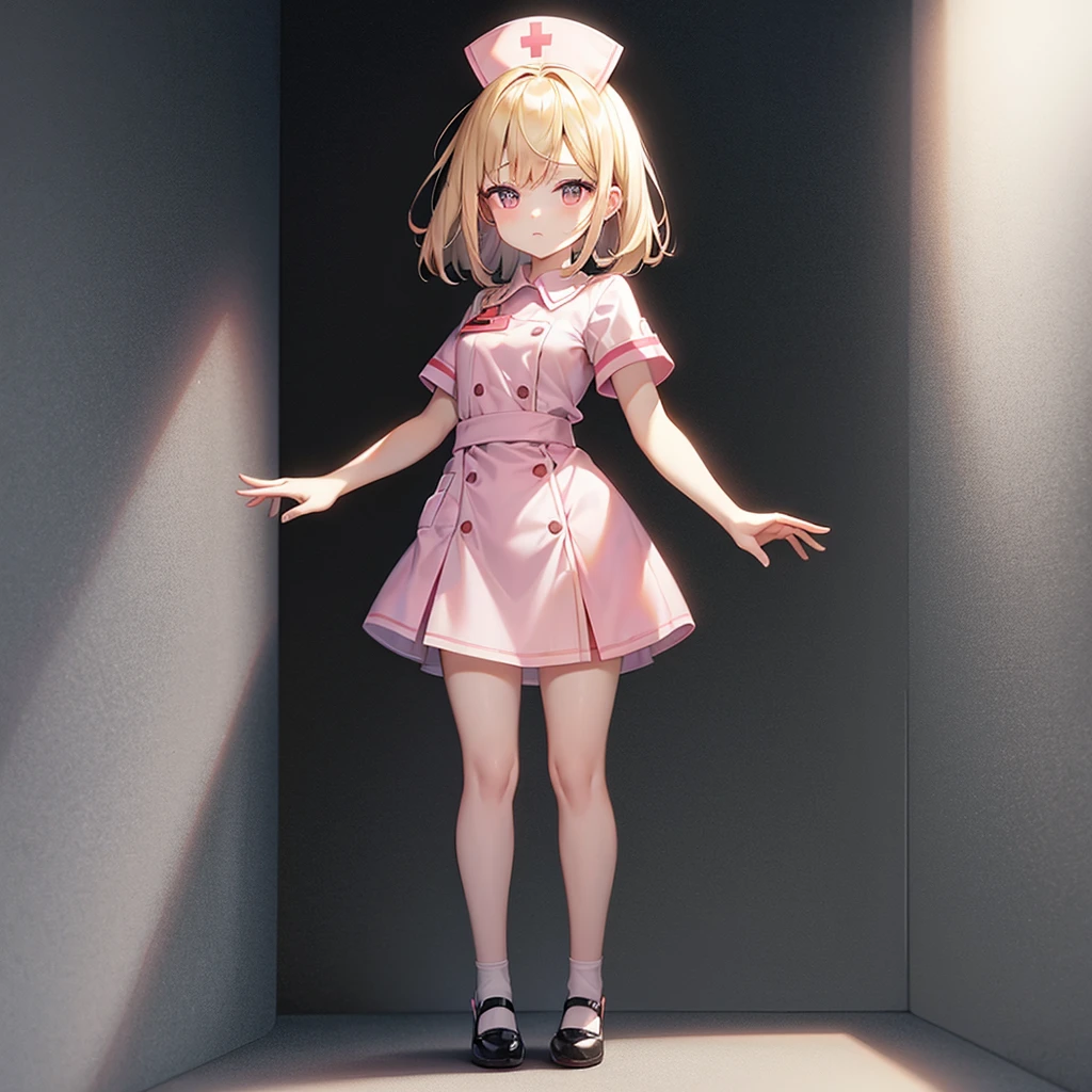 ((nurse)),((Pale pink clothes)),(mini skirt),Cute little ,Tiny ,Small girl,,Childish face, Very fine clean face,Top quality,Straight Hair,Yellow hair,(Dark Room), Subtle light, Natural light,Soft lighting,Light from directly behind,(Open your hands), (Are standing),Front view,Black background