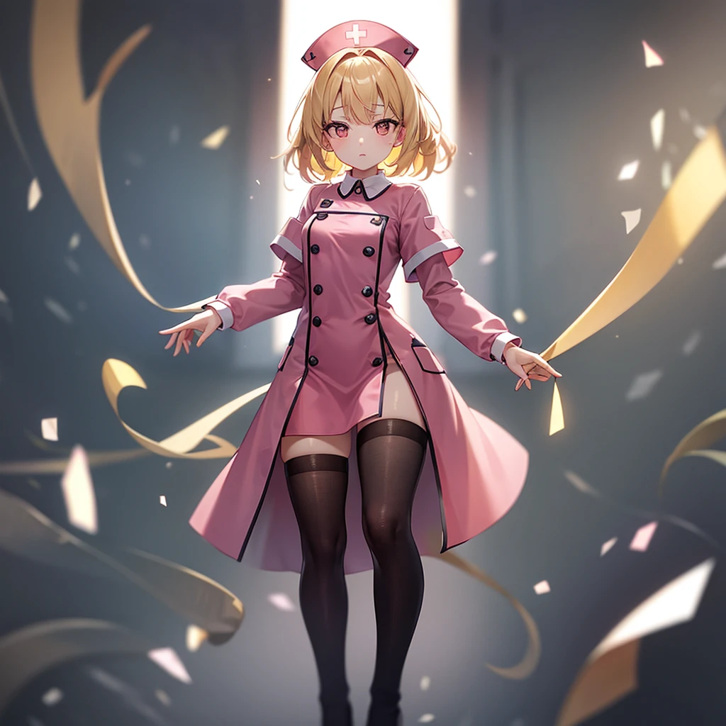 ((nurse)),((Pale pink clothes)),(mini skirt),Cute little ,Tiny ,Small girl,,Childish face, Very fine clean face,Top quality,Straight Hair,Yellow hair,(Dark Room), Subtle light, Natural light,Soft lighting,Light from directly behind,(Open your hands), (Are standing),Front view,Black background