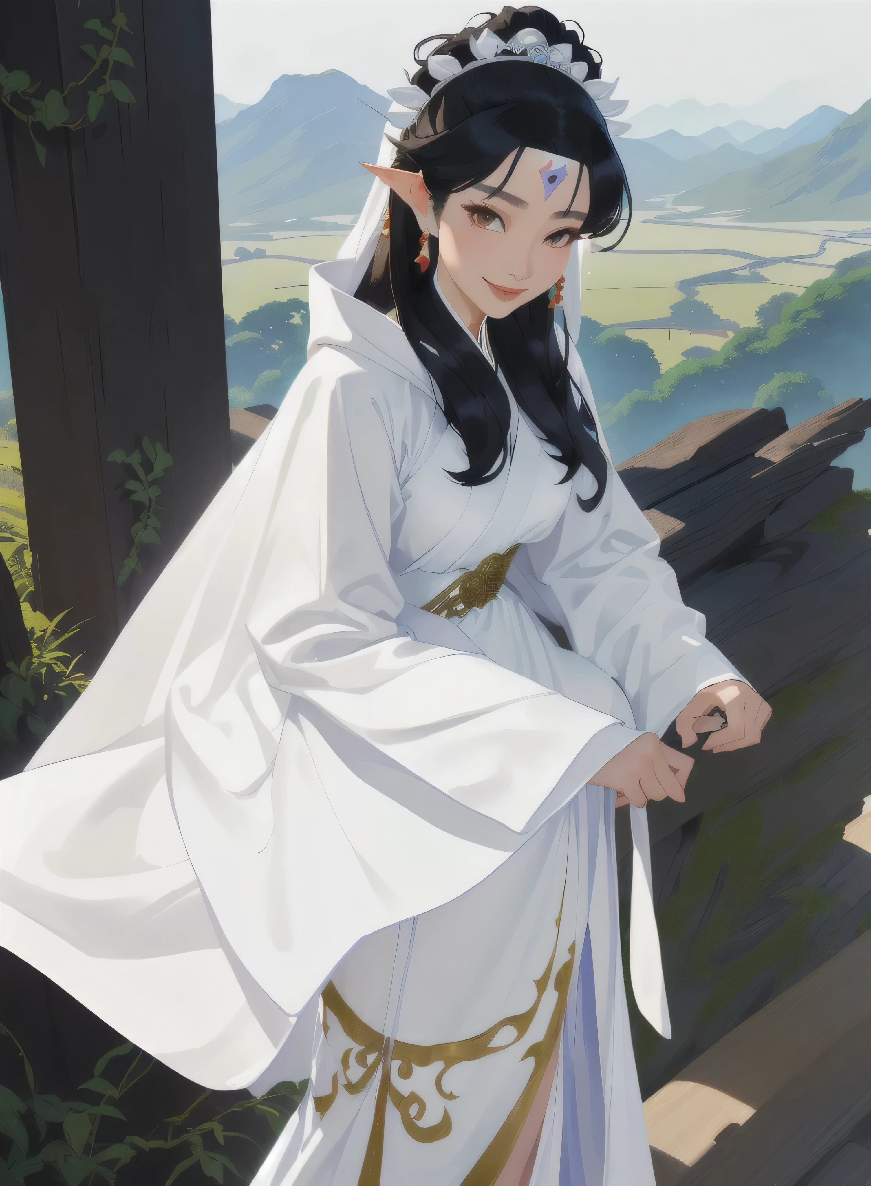 araffe in a white dress，Wearing a black headband, Hino Rei who plays the princess, Maggie Cheung, heise-lian yan fang, In costume, Smile like a fairy, Wearing a tattered white cloak,Journey to the West Little Dragon Girl，wukong，