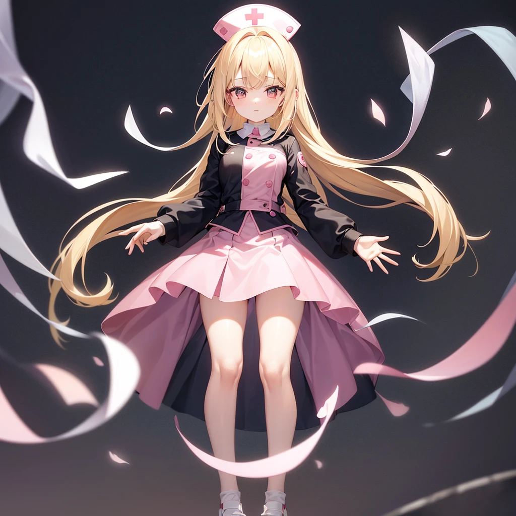((nurse)),((Pale pink clothes)),(mini skirt),Cute little ,Tiny ,Small girl,,Childish face, Very fine clean face,Top quality,Straight Hair,Yellow hair,(Dark Room), Subtle light, Natural light,Soft lighting,Light from directly behind,(Open your hands), (Are standing),Front view,Black background