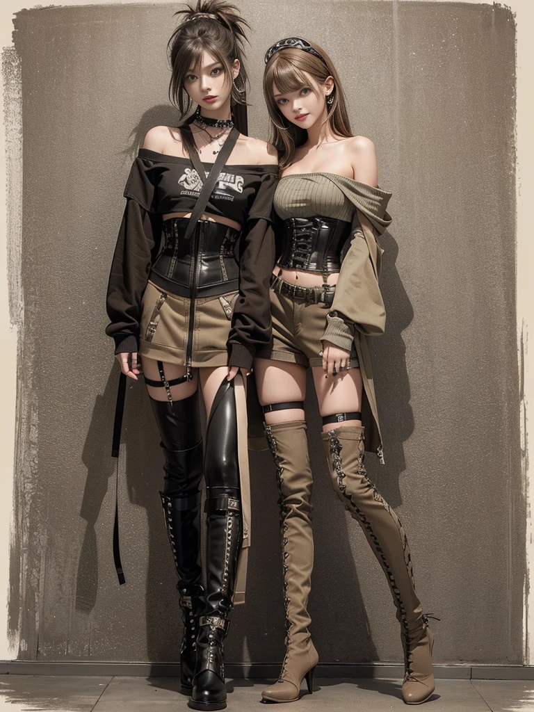 (Full Body View:1.3)、(Smiling with teeth showing:1.3),(Shibuya Gal:1.5)、(Beautiful:1.5)、(Neo-goth fashion:1.5)、(Punk RockVisual Kei:1.5)、(An off-the-shoulder hoodie in khaki and brown with delicate silver accessories.:1.5)、(A corset with a delicate beige and brown design:1.4)、(Dark grey, khaki and brown snakeskin bodysuit:1.5)、(Snake print headband:1.3)、(Beige and charcoal knee socks:1.4)、Embellished collar and long boots、(I&#39;m selling snake print underwear.:1.4)、(Long eyelashes:1.3)、(20-year-old)、((Highest quality、8k、masterpiece:1.3))、1 Female、Slim and beautiful abs:1.3、(hairstyle casual、Beautiful boobs:1.1)、(Doing an aerobics pose:1.3)、dress:1.1、Super small face、Narrow eyes、double eyelid、A sloppy smile、Esbian all over、Dynamic Angle、Close-up、CPL Filter、Blurred Background、Bokeh、Blue Hour、Detailed face and skin texture、Detailed eyes、,(Twin tails:1.3)、(Brown-golden hair:1.3)、Gravure idol、(The background is a glamorous dance hall:1.3)、(Make your legs thinner:1.4)、(Slim body:1.3)、(clavicle:1.1)
