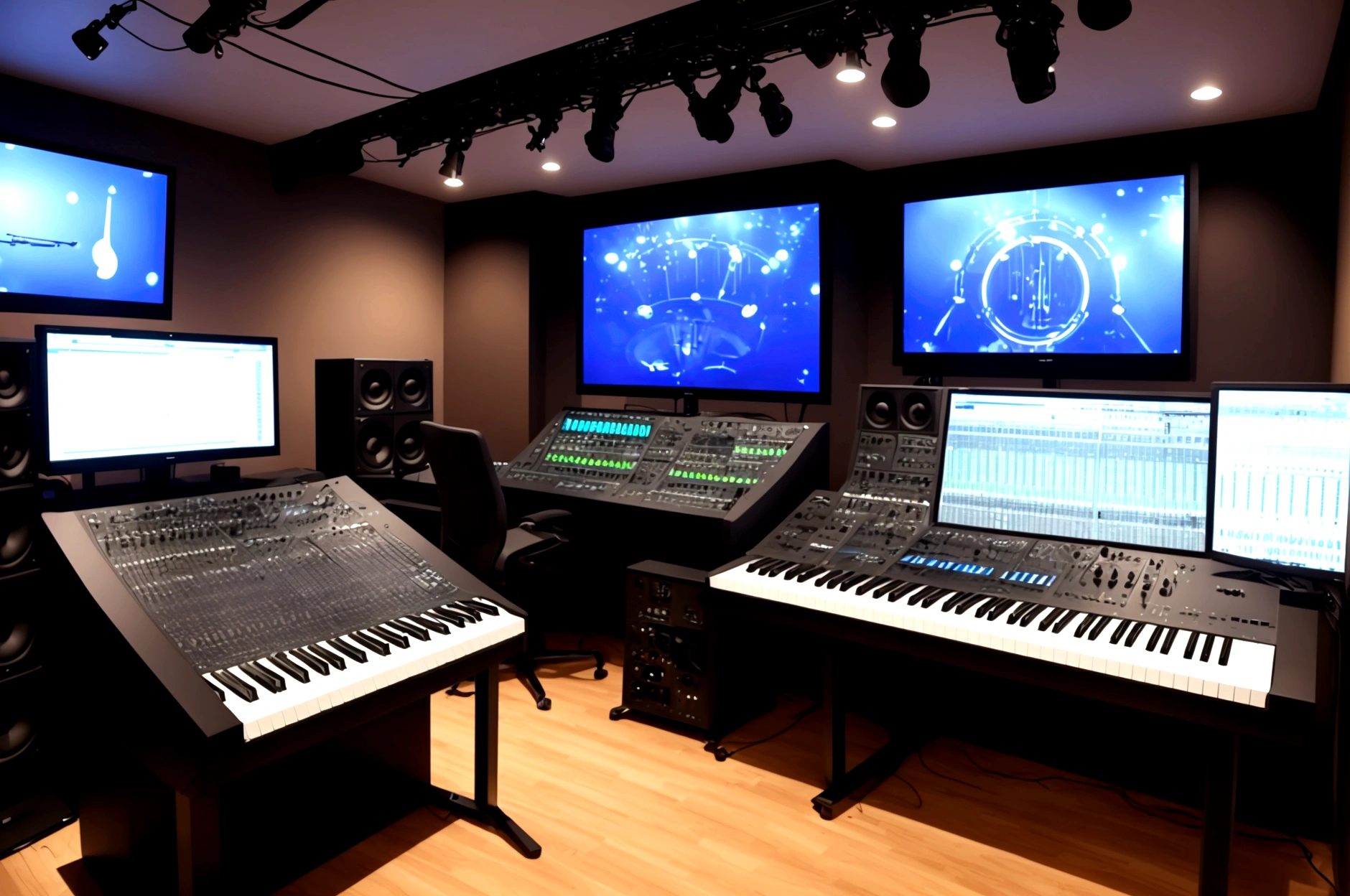 "A professional music production setup with multiple monitors, a mixing console, and various instruments. The studio has a cozy yet high-tech ambiance, with musical notes and sound waves illustrating creativity."