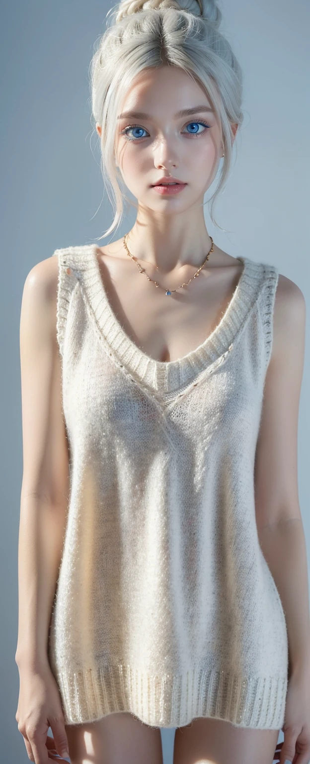 ((best quality)), ((masterpiece)), ((best quality)), ((masterpiece)), ((detailed)), Ridiculous resolution, high resolution, (masterpiece:1.4), Hyper-detailing, a young european woman. Necklace. ((Sleeveless wool sweater)). Blank background. Standing. ((White hair)). She has a bun in her hair. Standing. ((Light blue eyes)). Necklace.