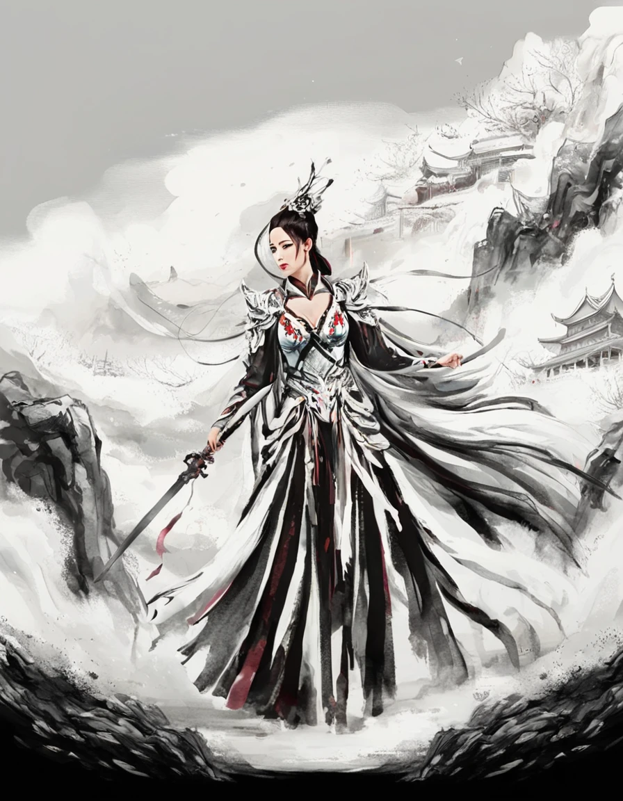 Concept art ink painting《A female warrior in a Chinese opera dressed in Hanfu》 . Opera roles, Female Warrior, and strong performance . monochrome, loose, body fluid, Expressive, Beautifully,rich and colorful . Digital Artwork, 说明Sexual, Sexual, Painted landscapes, Very detailed