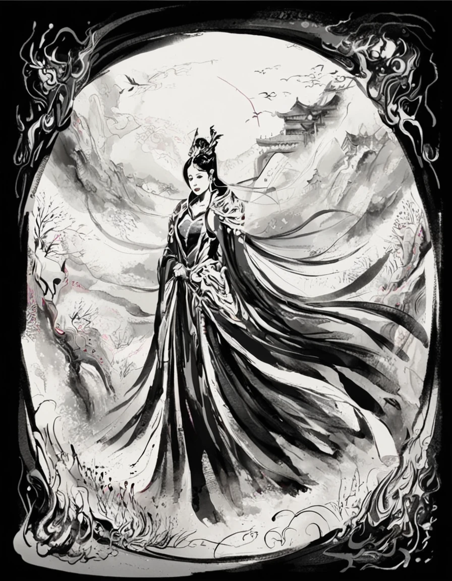 Concept art ink painting《A female warrior in a Chinese opera dressed in Hanfu》 . Opera roles, Female Warrior, and strong performance . monochrome, loose, body fluid, Expressive, Beautifully,rich and colorful . Digital Artwork, 说明Sexual, Sexual, Painted landscapes, Very detailed