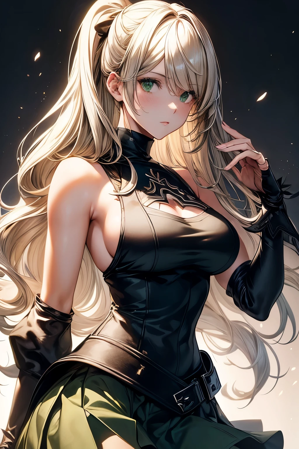 masterpiece, top quality, high resolution, nier automata green skirt, cream sleeveless turtleneck shirt, beautiful woman, headshot, front view:1.2,long wavy hair, glossy, bangs, side sweep, seductive eyes, almond-shaped,