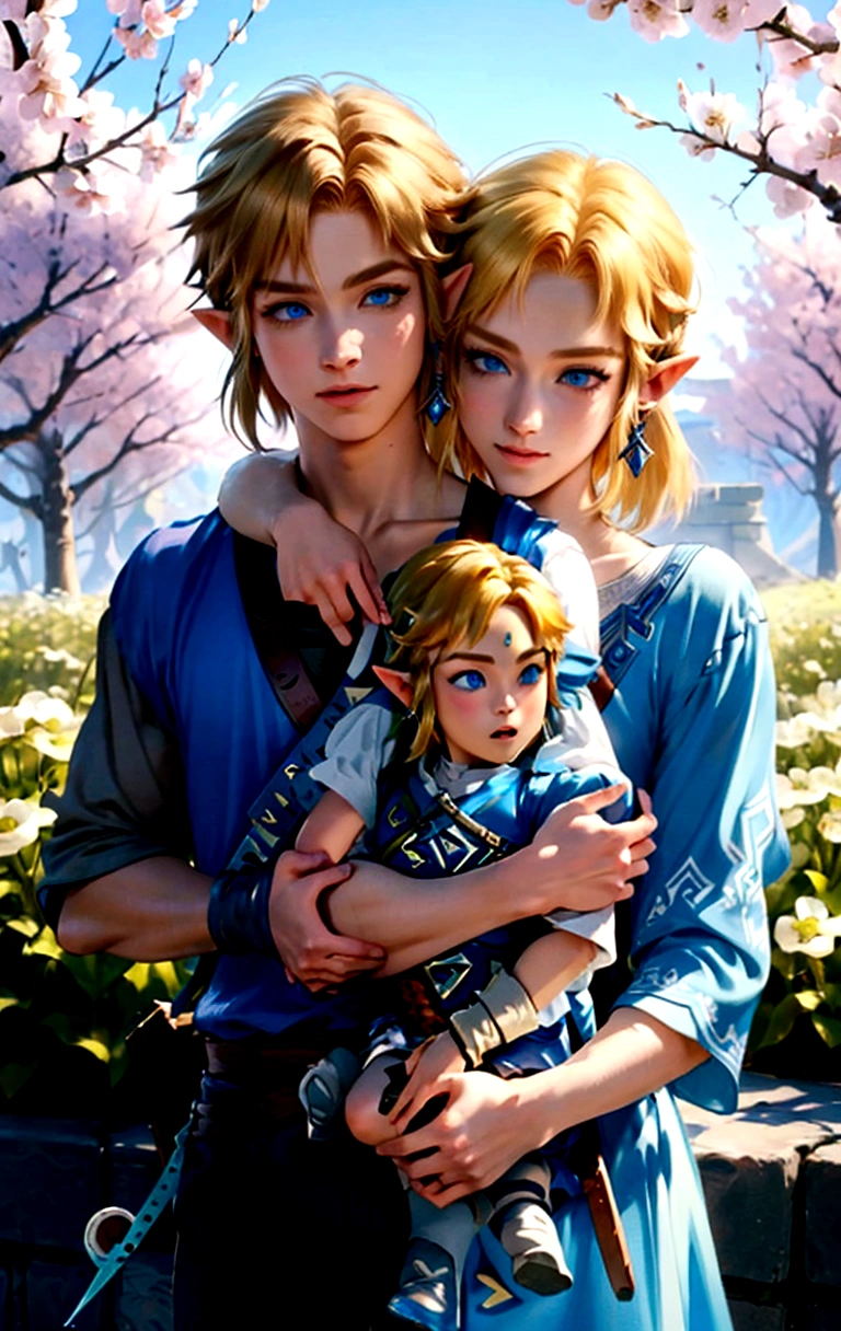 ((artwork)), (Highest quality), (detailed), ((1 boy)), (Link to the Legend of Zelda), smile, A short-haired, blue-eyed boy and a long-haired, blonde girl are hugging each other, Spring season, Bright colors