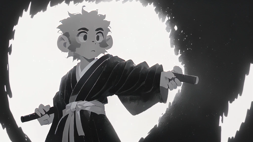 ((masterpiece, high quality, best quality, 8k, high resolution)), solo, ((monkey)), {{monkey tail back}}, ((detailed eyes, black eyes, looking away)), ((very surprised)), ((old samurai suit, old samurai pants, katana in hand)), (upper body), (standing), grainy footage, very grainy image, vhs screencap, grainy picture, old footage, disney, Detailed drawing, ((white background, simple background)), ((((Saru to kani Gassen anime style)))), (((monochrome color, grayscale))), old animation 1917, VHS, Noise, (anime 1917 style), (old anime style).