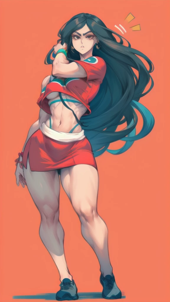 Full body image of Moana from Moana, full body in image, wearing her original outfit (red crop top, cream skirt with a sash, and accessories), long wavy black hair, female body, athletic and slender body, dynamic pose, detailed pose, simple background, expressive face showing determination, focus on face, line art, sketch