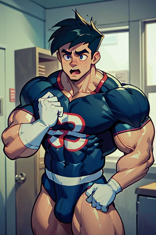 (Masterpiece) (Hyper muscular) (3 boys) Danny Phantom, ghost, hypnosis, jock, conversion, locker room hallway, hyper muscles, jockstrap, bro, meathead, hypnotized, brainwashed, brainwashing, big dumb jock, football. Glowing eyes. Hyper crotch bulge. Massive bulging crotch. Big balls. Big biceps. Big triceps. Big traps. Broad shoulders. Big meaty pecs. Big thighs. Thick glutes. Hyper muscles. crew cut. Football team assimilation. Clothes turning into a football uniform. Danny Fenton shoving a person inside an open locker. Danny Fenton turning into Dash Baxter's football jock lackey. Dash whispering in Danny Fenton's ear. Danny Fenton obeying Dash Baxter as Dash Baxter says, "Don't worry, Fenton. You'll like being on my team. Now shove that nerd into the locker like a good jock. You know you want to...." Dumber. IQ drain. Danny responds as he continues to shove the person into the open locker, "Yes, Dash.... Want to ... because I am a jock...." Open mouth. Blank stare. digital painting. Very detailed.