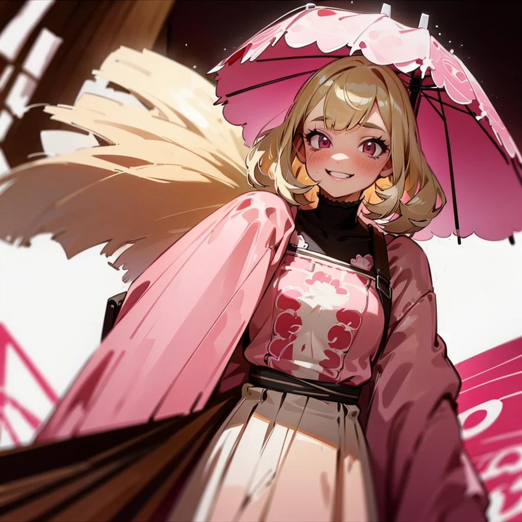  has blonde hair, with some brown highlights, besides wearing a pink vintage dress, and carries a bag with several explosives and a pink umbrella. wear a pink skirt, and a pink heel, besides wearing a lot of makeup, besides having a very mischievous smile 