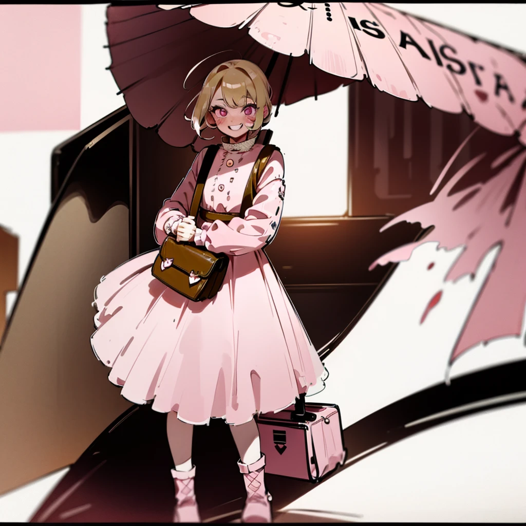  has blonde hair, with some brown highlights, besides wearing a pink vintage dress, and carries a bag with several explosives and a pink umbrella. wear a pink skirt, and a pink heel, besides wearing a lot of makeup, besides having a very mischievous smile 