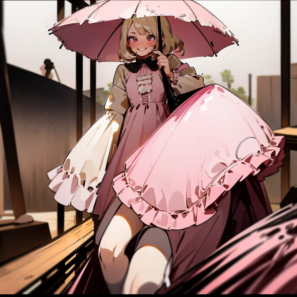  has blonde hair, with some brown highlights, besides wearing a pink vintage dress, and carries a bag with several explosives and a pink umbrella. wear a pink skirt, and a pink heel, besides wearing a lot of makeup, besides having a very mischievous smile 