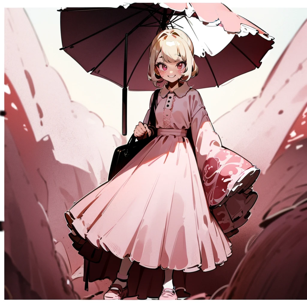  has blonde hair, with some brown highlights, besides wearing a pink vintage dress, and carries a bag with several explosives and a pink umbrella. wear a pink skirt, and a pink heel, besides wearing a lot of makeup, besides having a very mischievous smile 